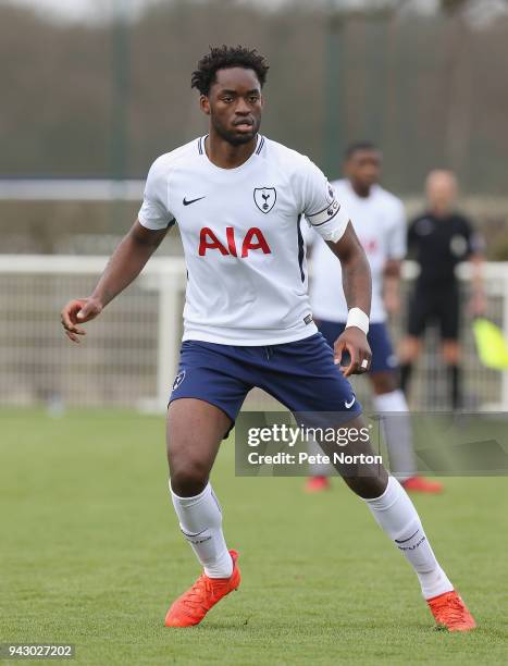 Christian Maghoma of Tottenham Hotspur in action during the Premier League 2 match between Tottenham Hotspur and Derby County on April 7, 2018 in...