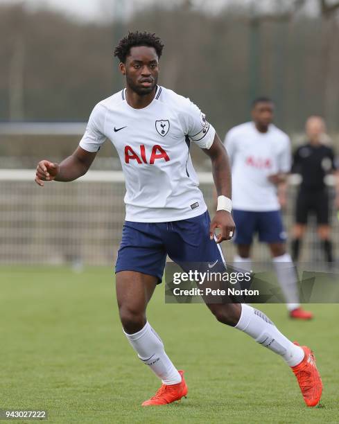 Christian Maghoma of Tottenham Hotspur in action during the Premier League 2 match between Tottenham Hotspur and Derby County on April 7, 2018 in...