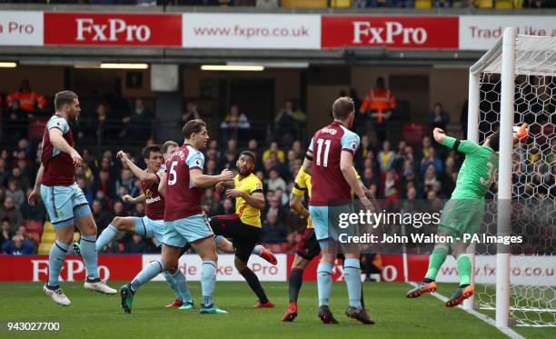 Burnley's Jack Cork scores his side's second goal of the game during the Premier League match at Vicarage Road, Watford.