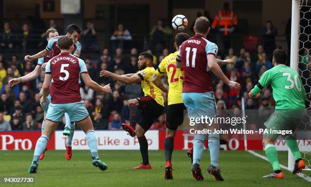 Burnley's Jack Cork scores his side's second goal of the game during the Premier League match at Vicarage Road, Watford.