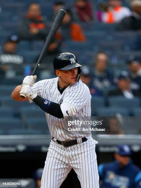 Brandon Drury of the New York Yankees in action against the Tampa Bay Rays at Yankee Stadium on April 4, 2018 in the Bronx borough of New York City....