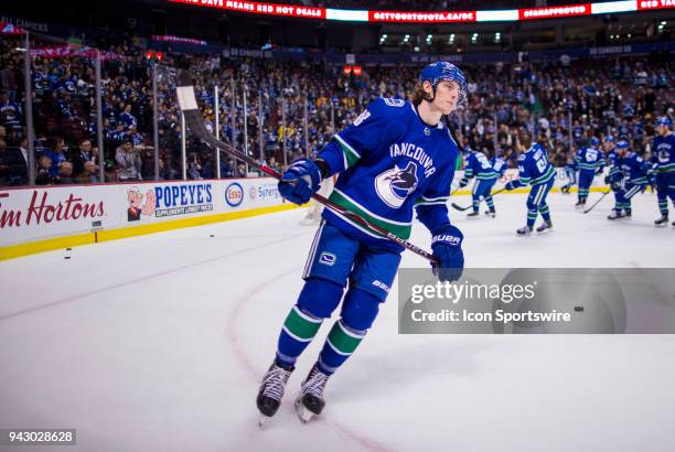 Vancouver Canucks Center Adam Gaudette warms up prior to the start of a NHL hockey game against the Arizona Coyotes on April 05 at Rogers Arena in...