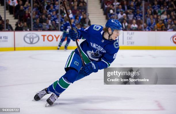 Vancouver Canucks Center Adam Gaudette skates against the Arizona Coyotes during the first period in a NHL hockey game on April 05 at Rogers Arena in...