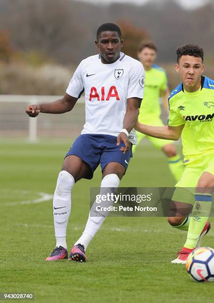 Shilow Tracey of Tottenham Hotspur in action during the Premier League 2 match between Tottenham Hotspur and Derby County on April 7, 2018 in...