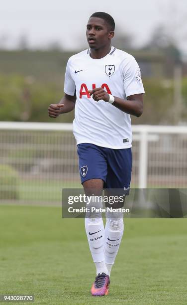 Shilow Tracey of Tottenham Hotspur in action during the Premier League 2 match between Tottenham Hotspur and Derby County on April 7, 2018 in...