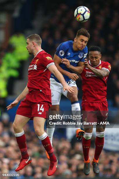 Jordan Henderson of Liverpool, Dominic Calvert-Lewin of Everton and Nathaniel Clyne of Liverpool during the Premier League match between Everton and...