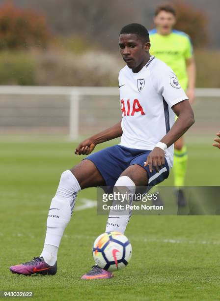 Shilow Tracey of Tottenham Hotspur in action during the Premier League 2 match between Tottenham Hotspur and Derby County on April 7, 2018 in...
