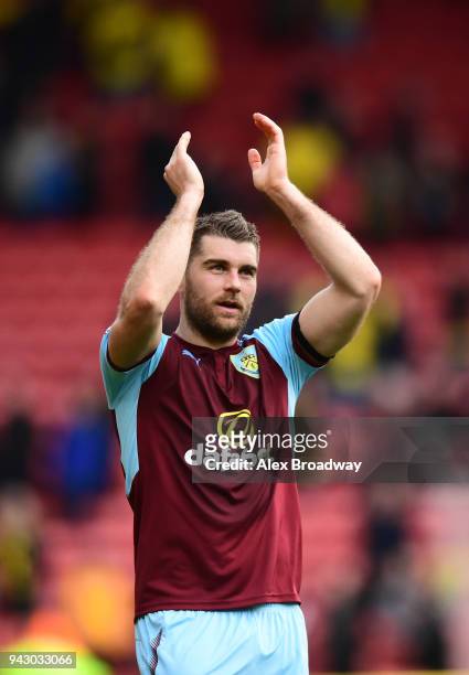 Sam Vokes of Burnley applauds fans after the Premier League match between Watford and Burnley at Vicarage Road on April 7, 2018 in Watford, England.