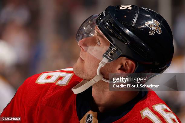 Aleksander Barkov of the Florida Panthers takes a breather during warm ups prior to the start of the game against the Boston Bruins at the BB&T...