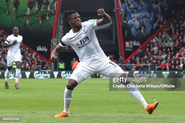 Wilfried Zaha of Crystal Palace celebrates scoring their 2nd goal during the Premier League match between AFC Bournemouth and Crystal Palace at...