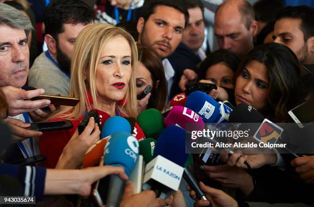 President of the Community of Madrid Cristina Cifuentes attends to the press during the Popular Party National Convention 2018 on April 7, 2018 in...