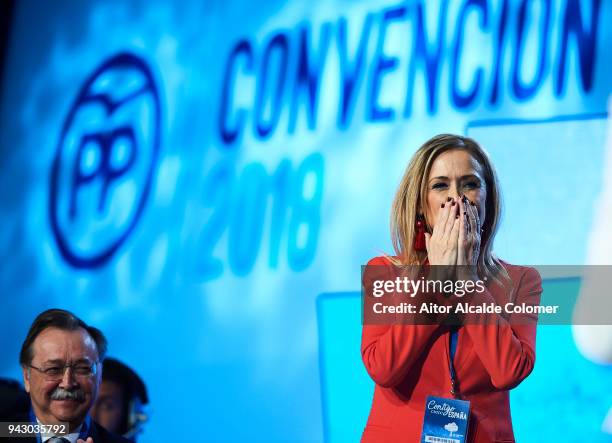 President of the Community of Madrid Cristina Cifuentes gives a speech during the Popular Party National Convention 2018 on April 7, 2018 in Seville,...