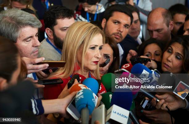 President of the Community of Madrid Cristina Cifuentes attends to the press during the Popular Party National Convention 2018 on April 7, 2018 in...