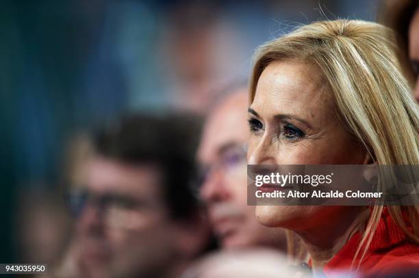 President of the Community of Madrid Cristina Cifuentes gives a speech during the Popular Party National Convention 2018 on April 7, 2018 in Seville,...