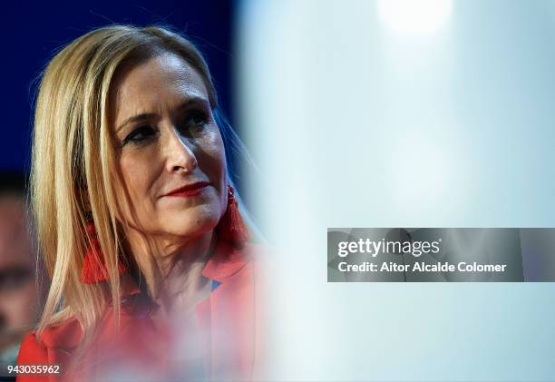 President of the Community of Madrid Cristina Cifuentes gives a speech during the Popular Party National Convention 2018 on April 7, 2018 in Seville,...