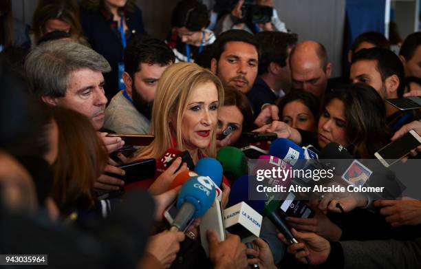 President of the Community of Madrid Cristina Cifuentes attends to the press during the Popular Party National Convention 2018 on April 7, 2018 in...