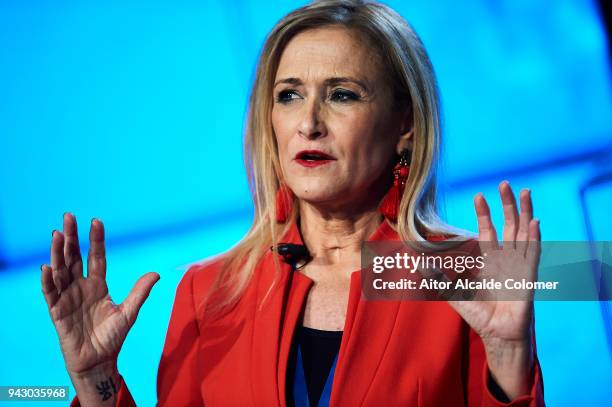 President of the Community of Madrid Cristina Cifuentes gives a speech during the Popular Party National Convention 2018 on April 7, 2018 in Seville,...