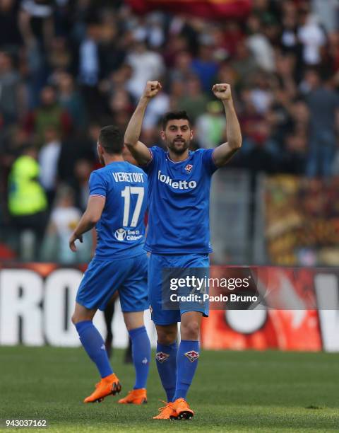 Marco Benassi of ACF Fiorentina celebrates after scoring the opening goal during the serie A match between AS Roma and ACF Fiorentina at Stadio...