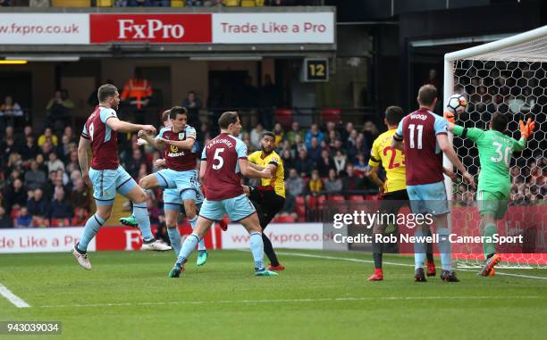 Burnley's Jack Cork scores his side's second goal during the Premier League match between Watford and Burnley at Vicarage Road on April 7, 2018 in...