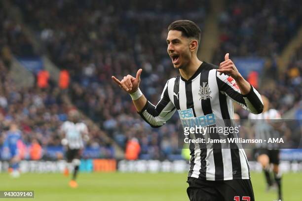 Ayoze Perez of Newcastle United celebrates after scoring a goal to make it 2-0 during the Premier League match between Leicester City and Newcastle...