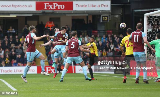 Burnley's Jack Cork scores his side's second goal during the Premier League match between Watford and Burnley at Vicarage Road on April 7, 2018 in...