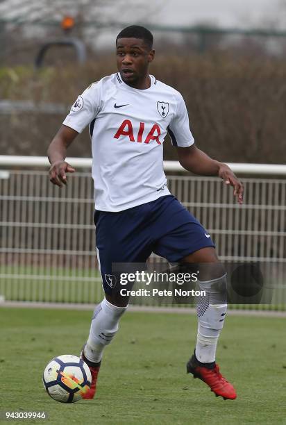 Japhet Tanganga of Tottenham Hotspur in action during the Premier League 2 match between Tottenham Hotspur and Derby County on April 7, 2018 in...