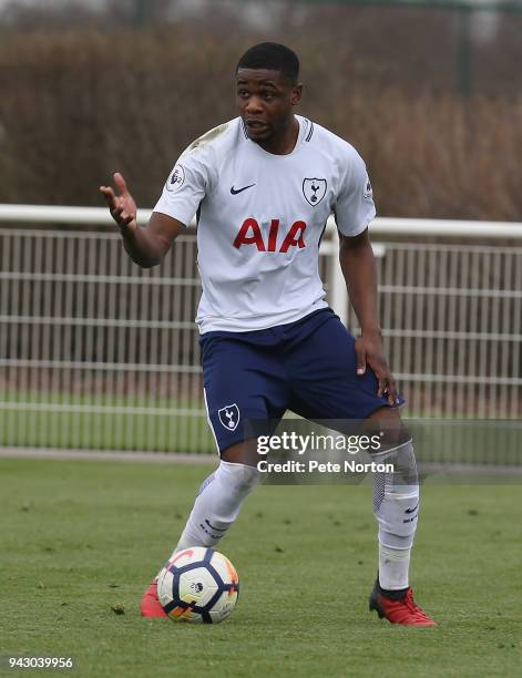 Japhet Tanganga of Tottenham Hotspur in action during the Premier League 2 match between Tottenham Hotspur and Derby County on April 7, 2018 in...