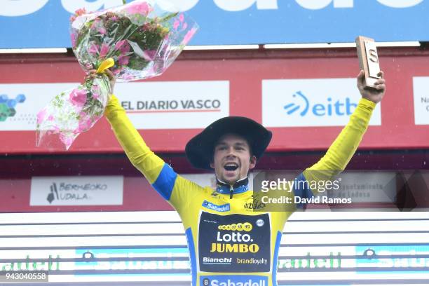Podium / Primoz Roglic of Slovenia and Team LottoNL-Jumbo Yellow Leader Jersey / Celebration / Flowers / during the 58th Vuelta Pais Vasco 2018,...