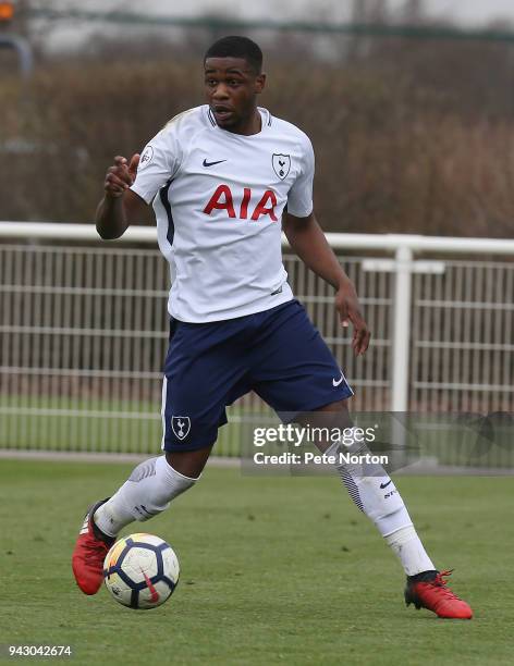 Japhet Tanganga of Tottenham Hotspur in action during the Premier League 2 match between Tottenham Hotspur and Derby County on April 7, 2018 in...