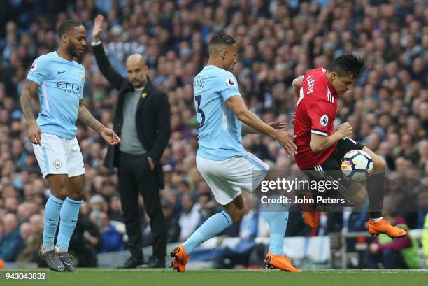 Alexis Sanchez of Manchester United in action with Danilo of Manchester City during the Premier League match between Manchester City and Manchester...