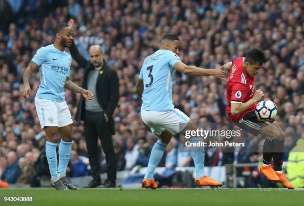 Alexis Sanchez of Manchester United in action with Danilo of Manchester City during the Premier League match between Manchester City and Manchester...
