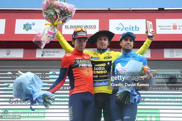 Podium / Primoz Roglic of Slovenia and Team LottoNL-Jumbo Yellow Leader Jersey / Mikel Landa Meana of Spain and Movistar Team / Jon Izagirre Insausti...