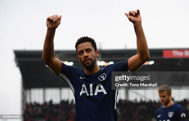 Moussa Dembele of Tottenham Hotspur salutes the fans at the end of the Premier League match between Stoke City and Tottenham Hotspur at Bet365...