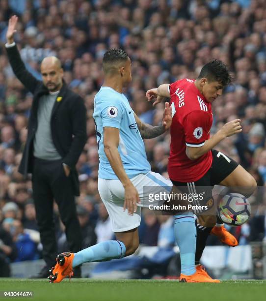 Alexis Sanchez of Manchester United in action with Danilo of Manchester City during the Premier League match between Manchester City and Manchester...