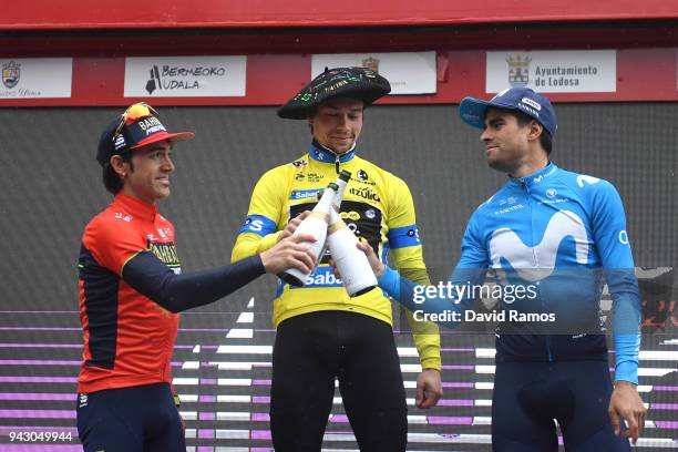 Podium / Primoz Roglic of Slovenia and Team LottoNL-Jumbo Yellow Leader Jersey / Mikel Landa Meana of Spain and Movistar Team / Jon Izagirre Insausti...