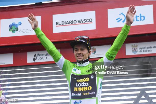 Podium / Primoz Roglic of Slovenia and Team LottoNL-Jumbo Green Points Jersey / Celebration / Flowers / Trophy / during the 58th Vuelta Pais Vasco...