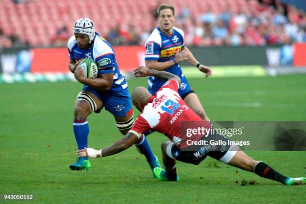 Nizaam Carr of the DHL Stormers during the Super Rugby match between Emirates Lions and DHL Stormers at Emirates Airline Park on April 07, 2018 in...