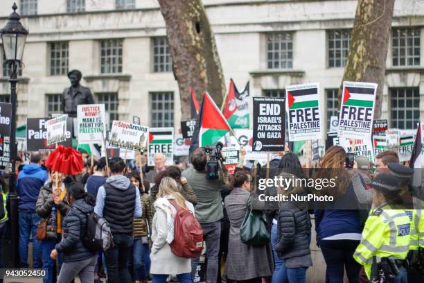 Protesters at the Protest for Gaza Protesters flocked to Whitehall, opposite Downing Street in London, UK, on 7 April 2018 to protest the recent...