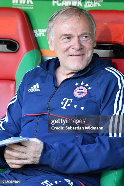 Assistant coach Hermann Gerland of Bayern Muenchen looks on prior to the Bundesliga match between FC Augsburg and FC Bayern Muenchen at WWK-Arena on...