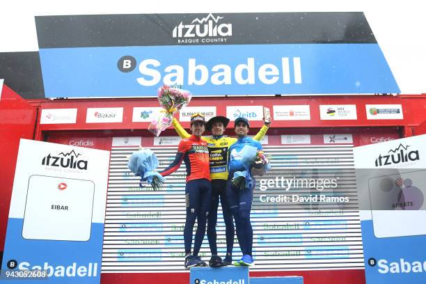 Podium / Primoz Roglic of Slovenia and Team LottoNL-Jumbo Yellow Leader Jersey / Mikel Landa Meana of Spain and Movistar Team / Jon Izagirre Insausti...