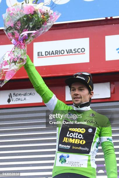 Podium / Primoz Roglic of Slovenia and Team LottoNL-Jumbo Green Points Jersey / Celebration / Flowers / Trophy / during the 58th Vuelta Pais Vasco...