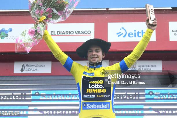 Podium / Primoz Roglic of Slovenia and Team LottoNL-Jumbo Yellow Leader Jersey / Celebration / Flowers / Trophy / during the 58th Vuelta Pais Vasco...