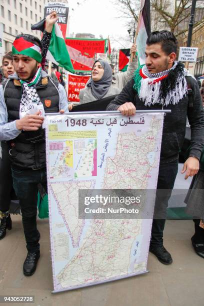 Protesters at the Protest for Gaza Protesters flocked to Whitehall, opposite Downing Street in London, UK, on 7 April 2018 to protest the recent...