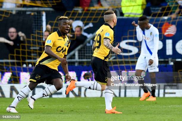 Jose Angel Esmoris Tasende Angelino of NAC Breda celebrates 1-0 with Thierry Ambrose of NAC Breda during the Dutch Eredivisie match between NAC Breda...