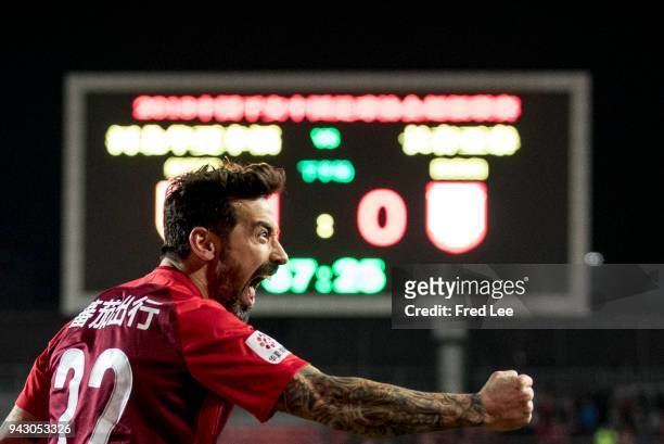 Ezequiel Lavezzi of Hebei China Fortune celebrates after scoring a goal during the 2018 Chinese Super League match between Hebei China Fortune and...