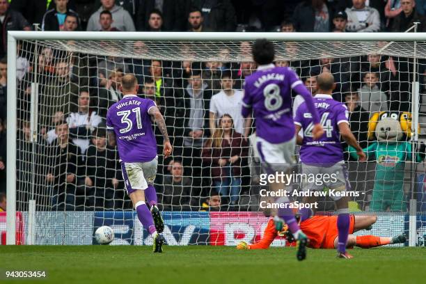 Bolton Wanderers' Ben Alnwick is beaten by a shot from Tom Lawrence as Derby County score their third goal of the match during the Sky Bet...
