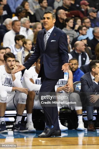 Head coach Jay Wright of the Villanova Wildcats reacts to a call during the 2018 NCAA Men's Basketball Tournament East Regional against the Texas...