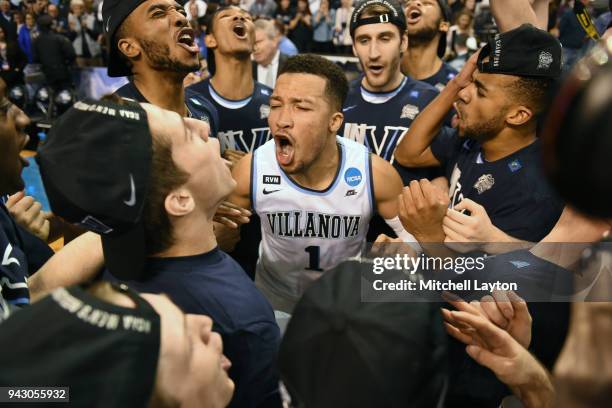 Jalen Brunson of the Villanova Wildcats celebrates a win after the 2018 NCAA Men's Basketball Tournament East Regional against the Texas Tech Red...