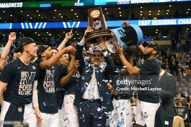 The Villanova Wildcats celebrate a win after the 2018 NCAA Men's Basketball Tournament East Regional against the Texas Tech Red Raiders at TD Garden...