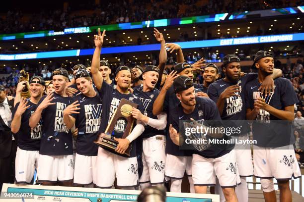 The Villanova Wildcats celebrate a win after the 2018 NCAA Men's Basketball Tournament East Regional against the Texas Tech Red Raiders at TD Garden...